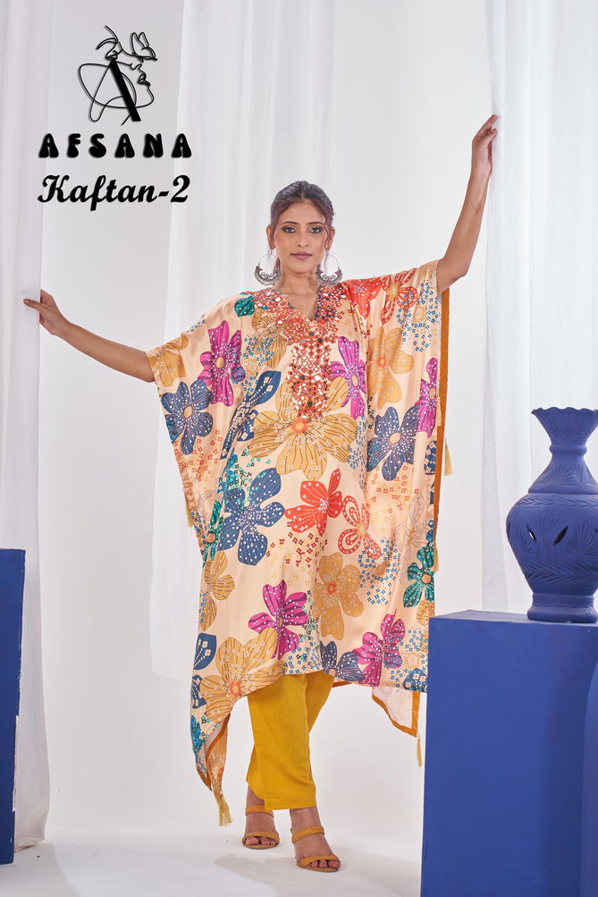 Kaftan 2 By Afsana Satin Digital Printed Kaftan Kurti With Bottom Wholesalers In Surat	